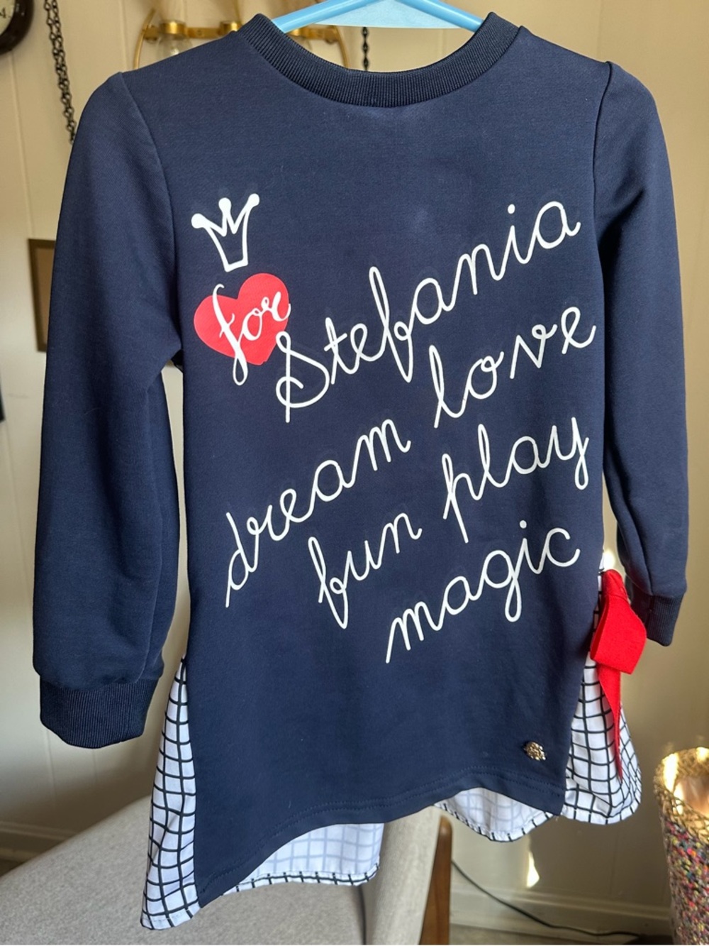 Navy Script Tunic with Red Heart Accent
